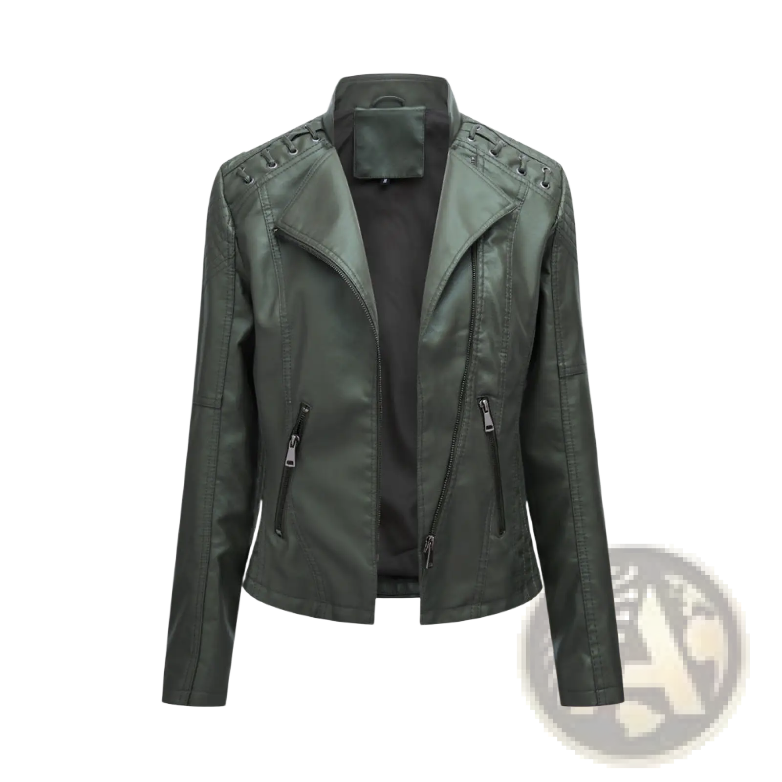 Dark green slim fit women’s faux leather moto jacket with zipper closures and lace-up shoulder detailing