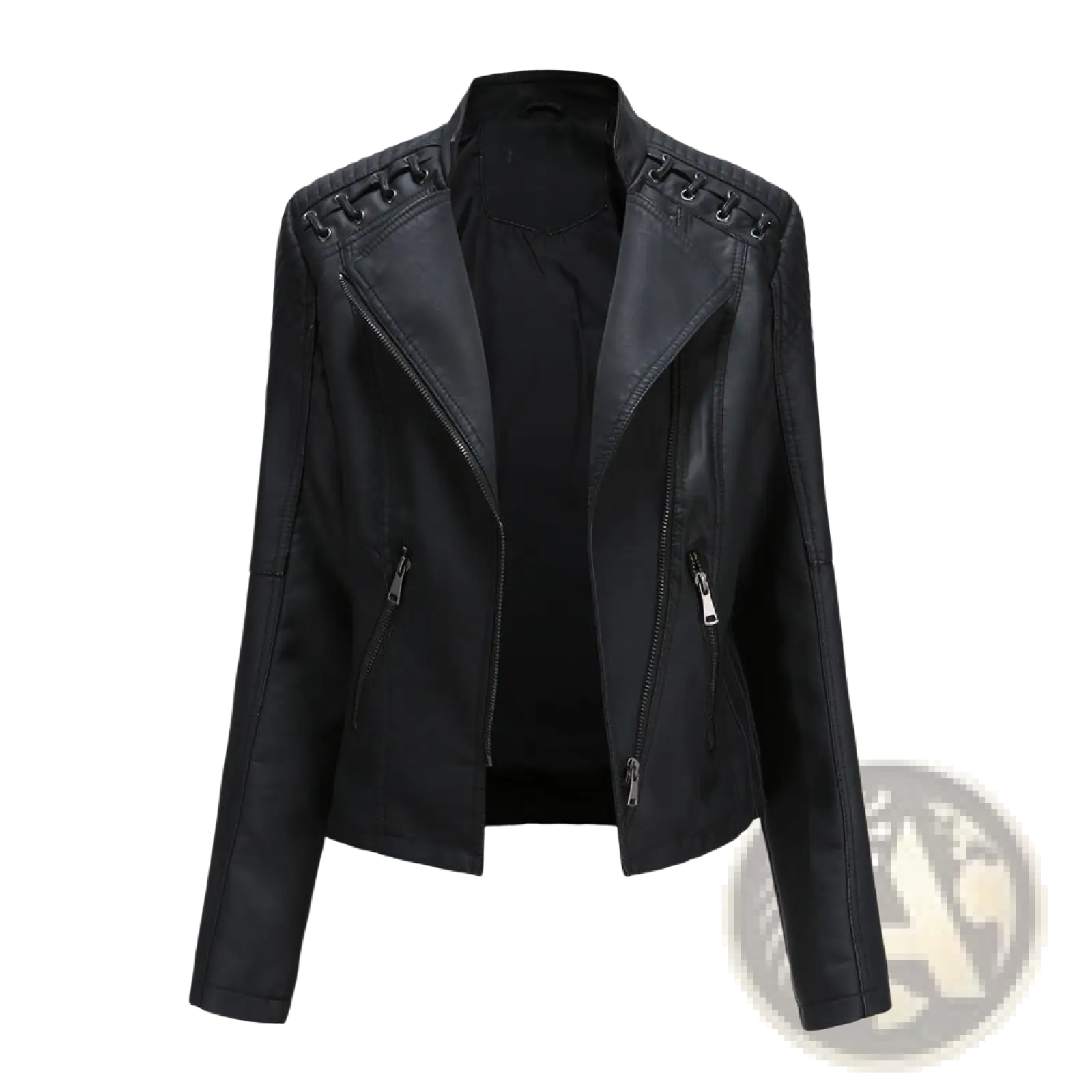 Women’s black faux leather moto jacket slim fit coat with lace-up shoulders and zippered pockets