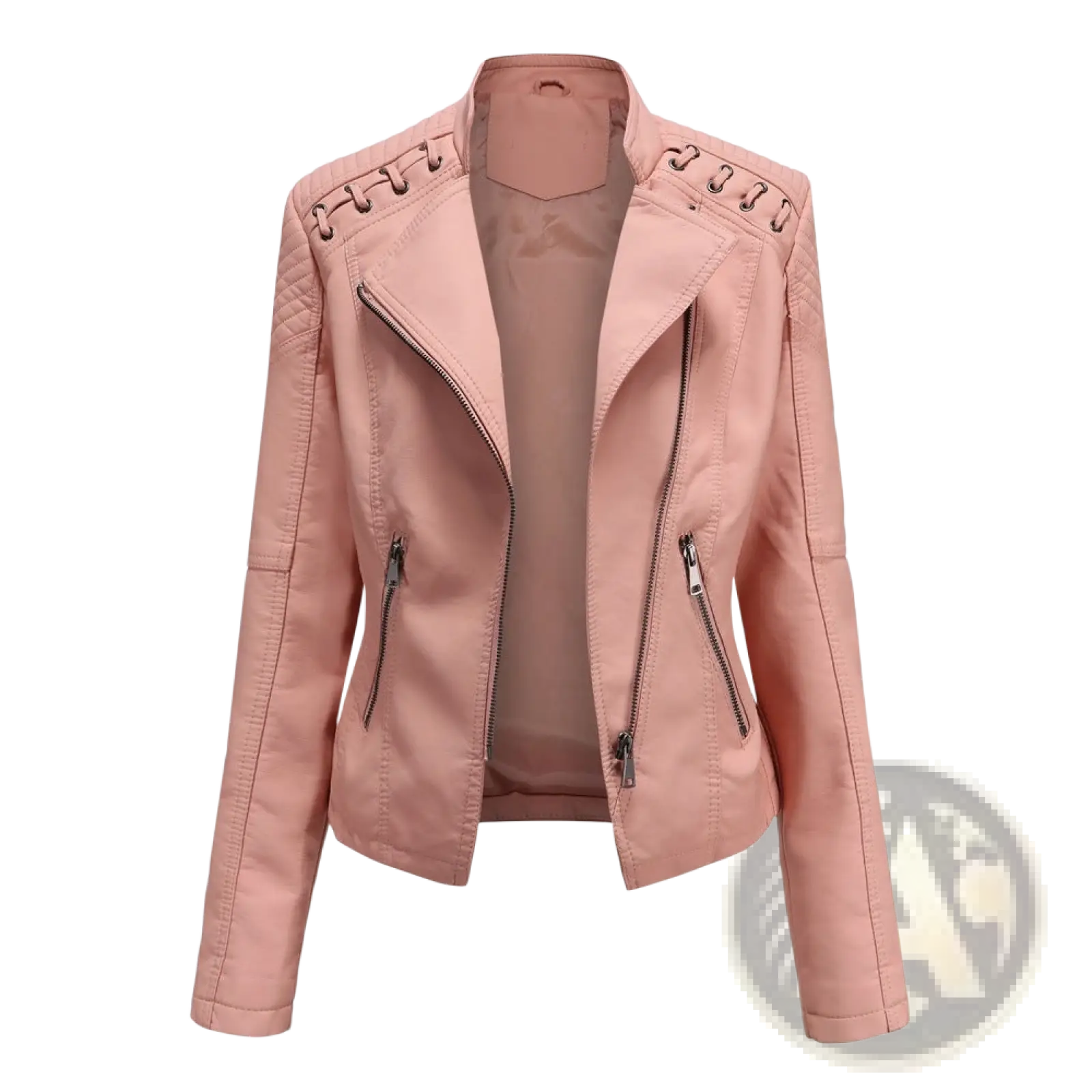 Women’s pink faux leather moto jacket with quilted shoulders and silver zippers slim fit coat front view
