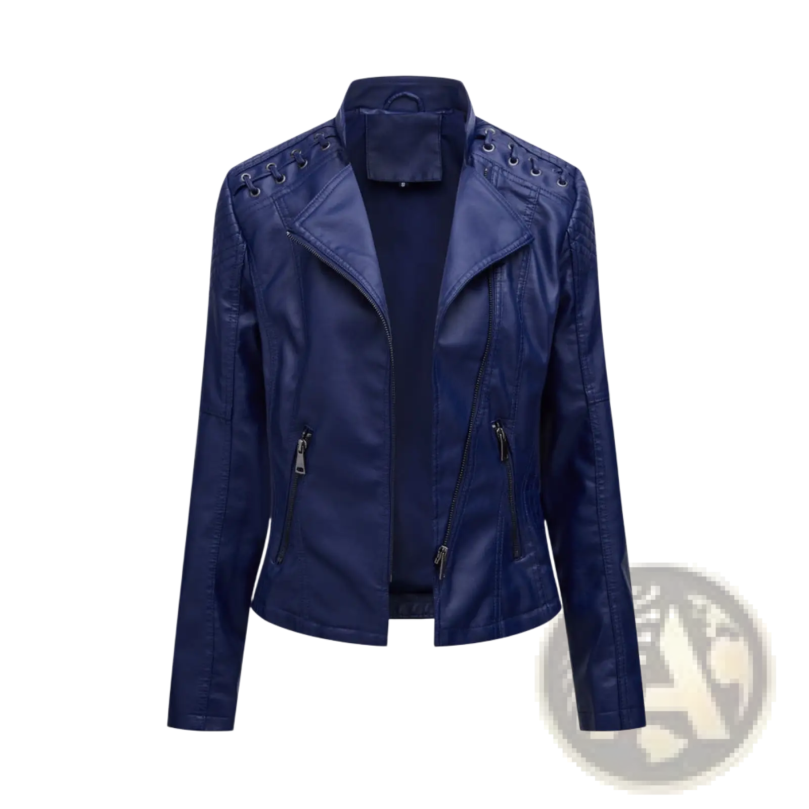 Navy blue women’s faux leather moto jacket with lace-up shoulders and front zippers slim fit coat