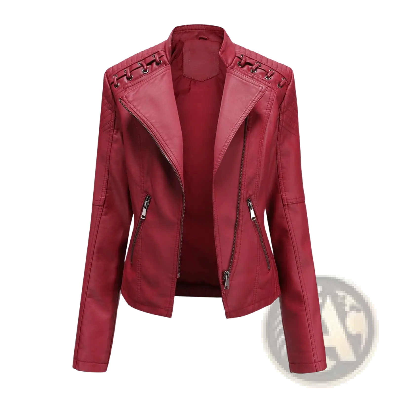 A stylish red faux leather slim fit moto jacket with lace-up shoulders and silver zippers for women