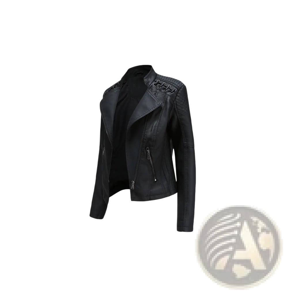 Women’s slim fit black faux leather moto jacket with asymmetrical zipper and decorative shoulder stitching