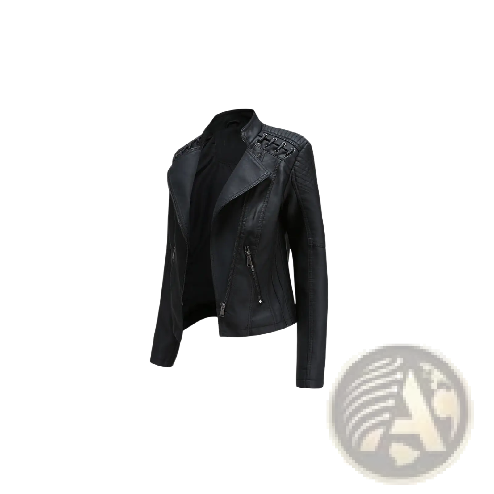 Women’s slim fit black faux leather moto jacket with asymmetrical zipper and decorative shoulder stitching