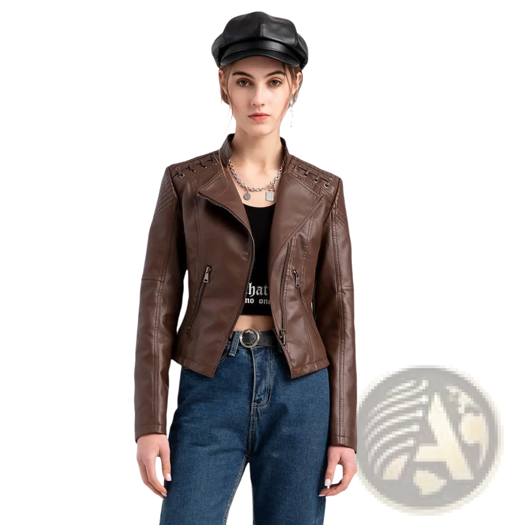Women’s brown faux leather moto jacket with lace-up shoulders slim fit coat with front zipper pockets