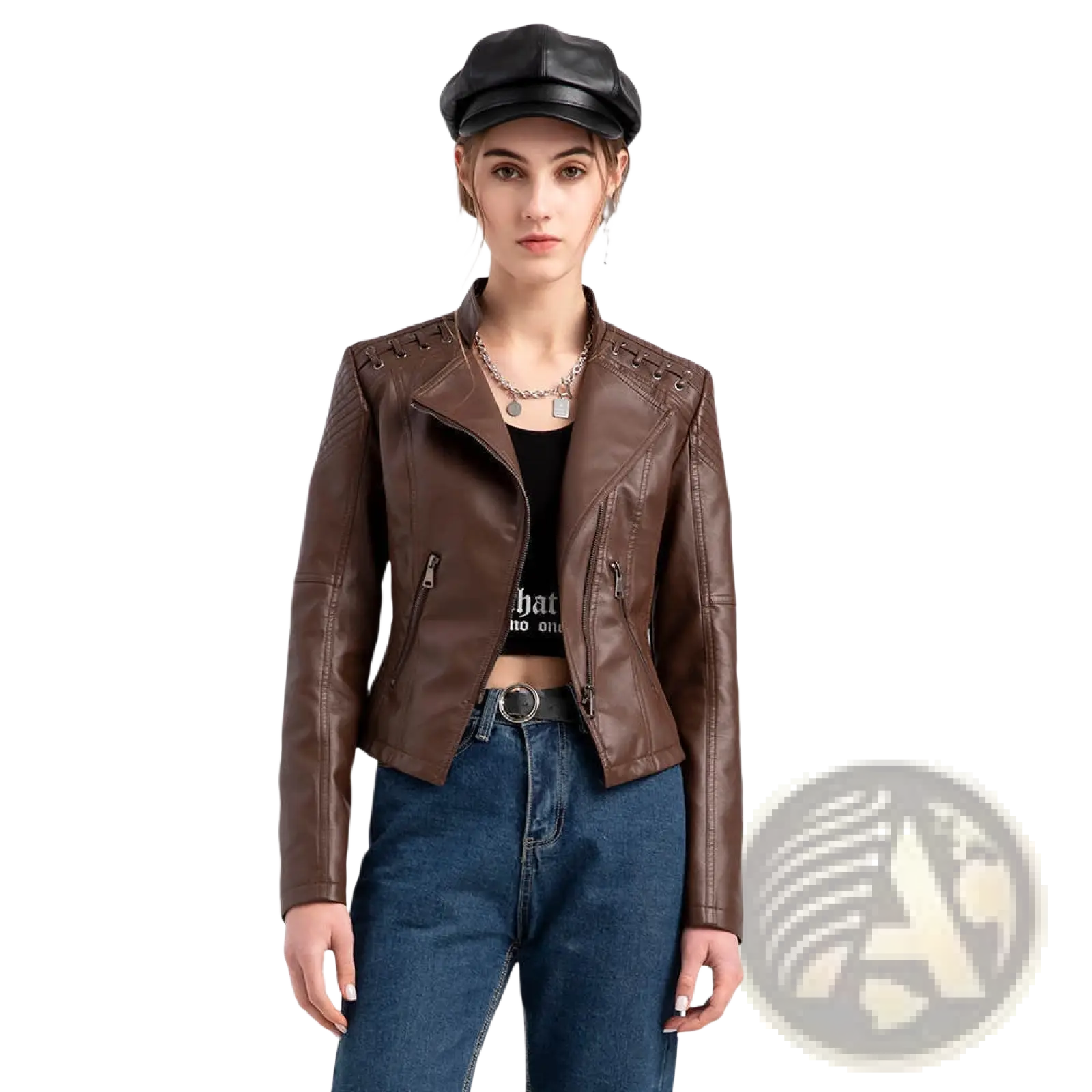 Women’s brown faux leather moto jacket with lace-up shoulders slim fit coat with front zipper pockets