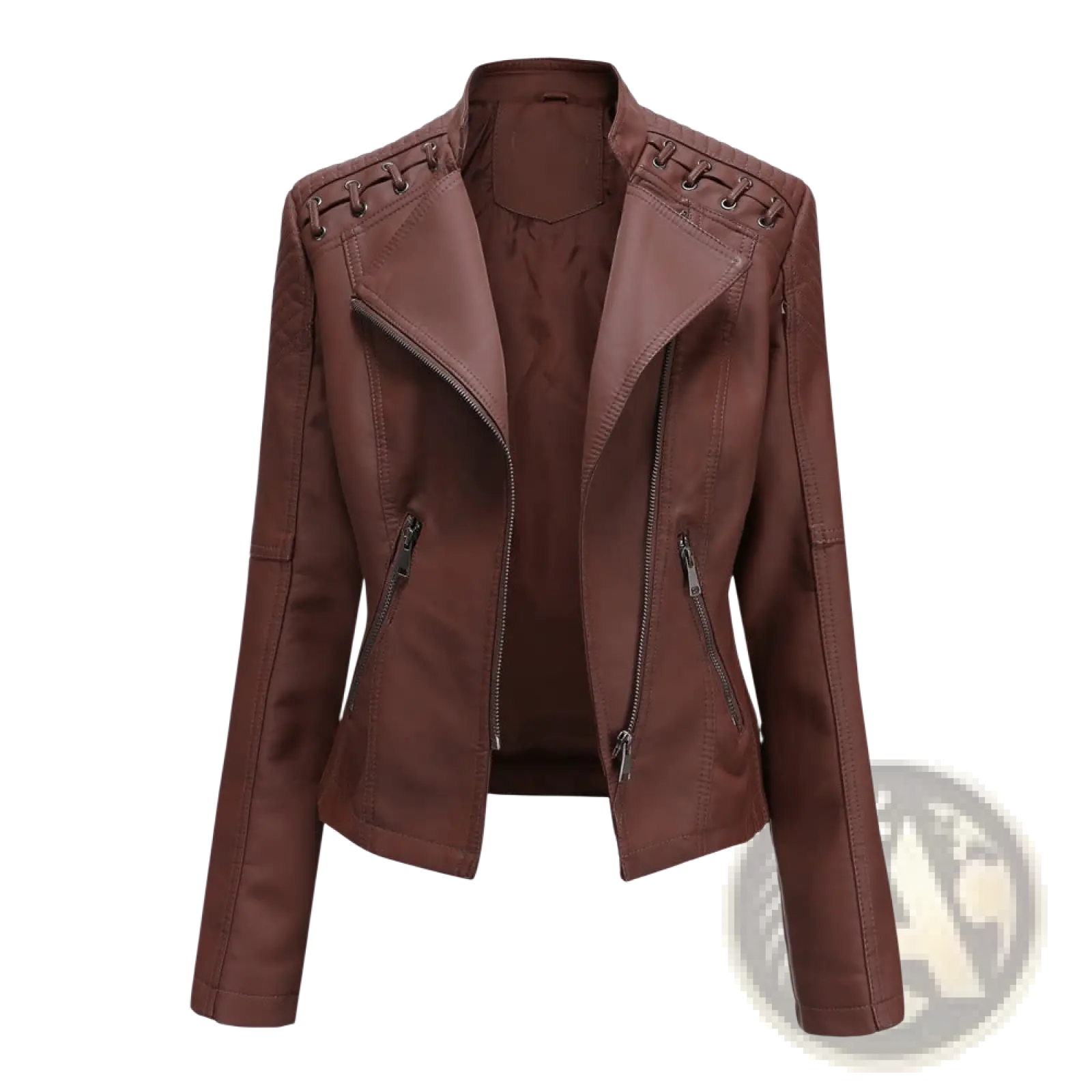 Brown slim fit women’s faux leather moto jacket featuring lace-up shoulders and front zippers