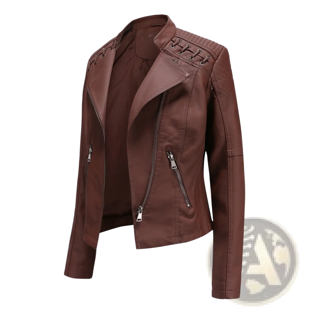 Women’s slim fit brown faux leather moto jacket with lace-up shoulders and silver zipper details