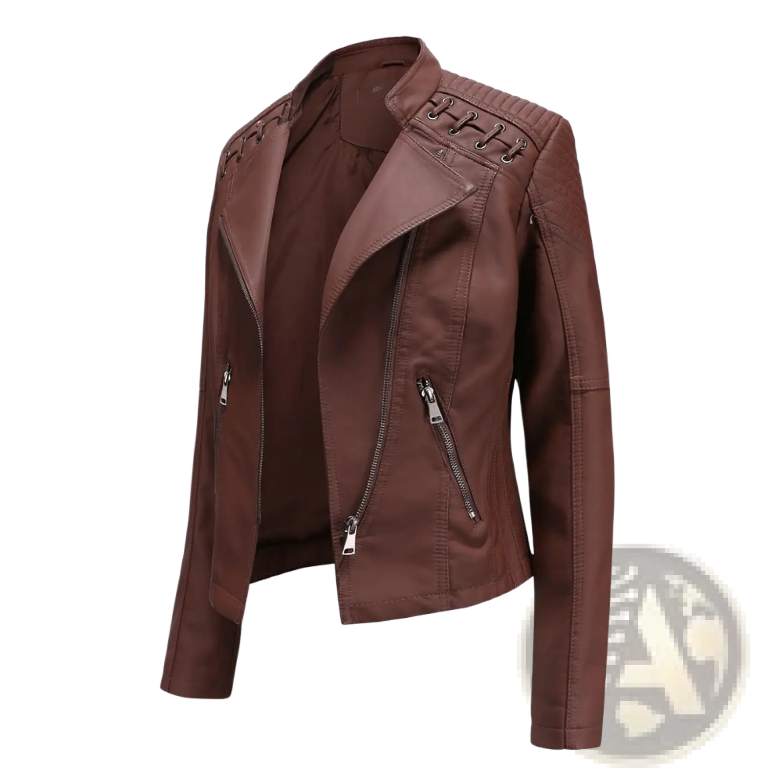 Women’s slim fit brown faux leather moto jacket with lace-up shoulders and silver zipper details