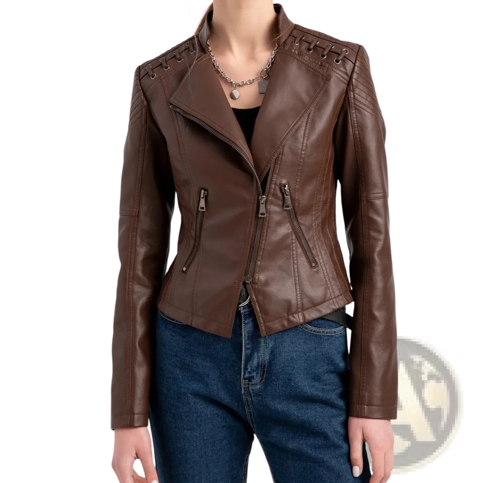 Brown faux leather slim fit women’s moto jacket with lace-up shoulders and front zippers for stylish wear