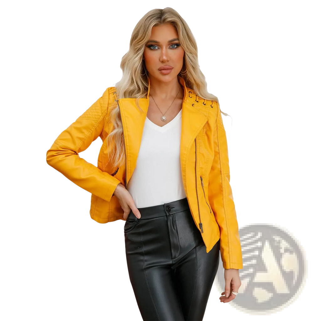 Vibrant yellow slim fit women’s faux leather moto jacket with zipper details and lace-up collar for stylish outerwear