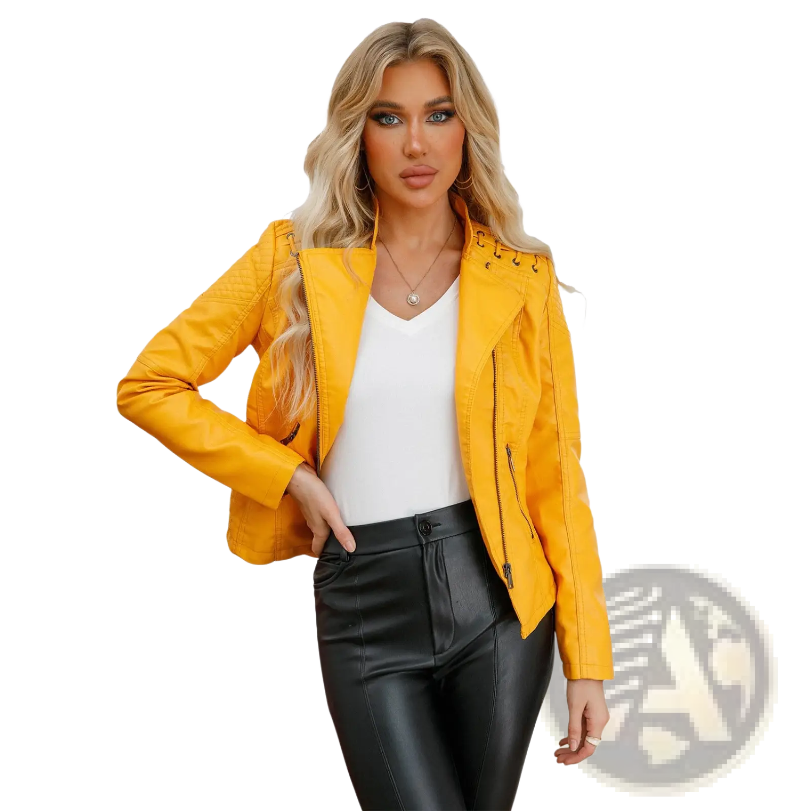 Vibrant yellow slim fit women’s faux leather moto jacket with zipper details and lace-up collar for stylish outerwear