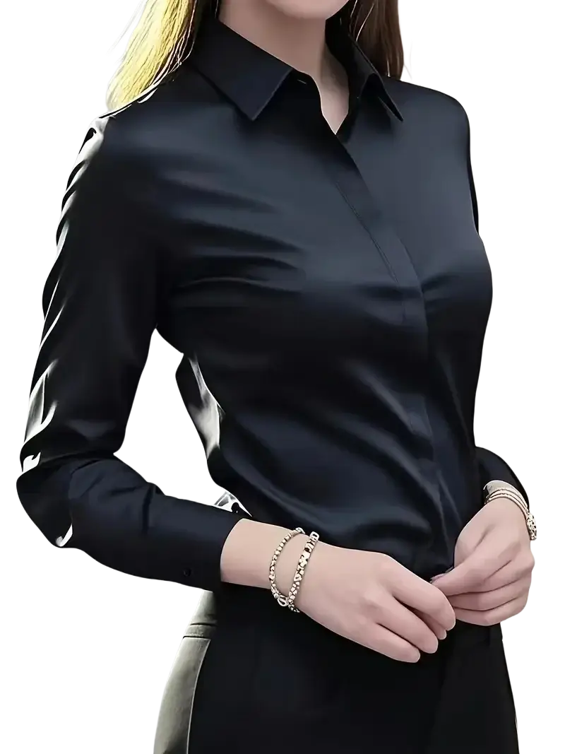 Women’s fitted long sleeve silk blouse dress shirt in black satin with a classic collar and subtle sheen