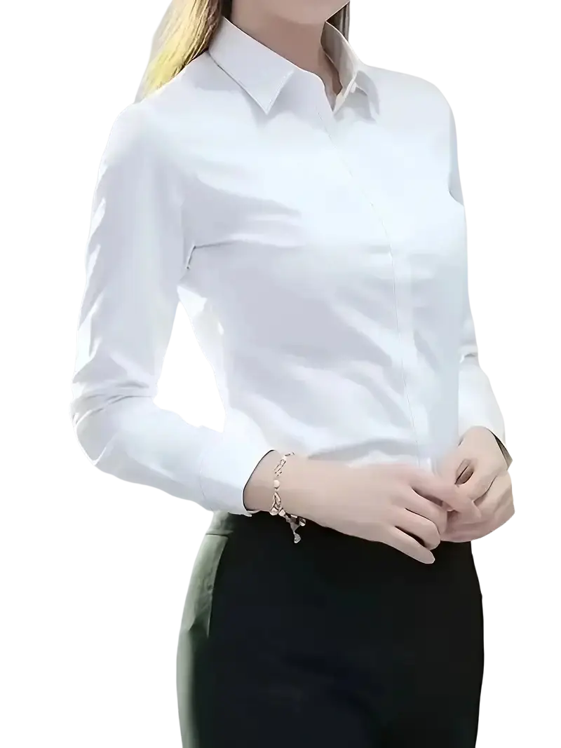A crisp white women’s fitted long sleeve silk blouse dress shirt with classic collar and subtle front pleats