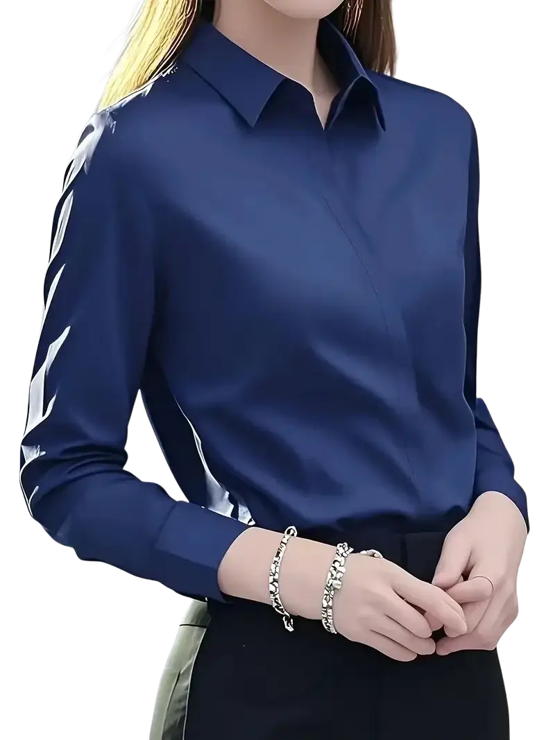 Deep navy fitted long sleeve silk blouse dress shirt with sleek sleeves and a crisp collar for women