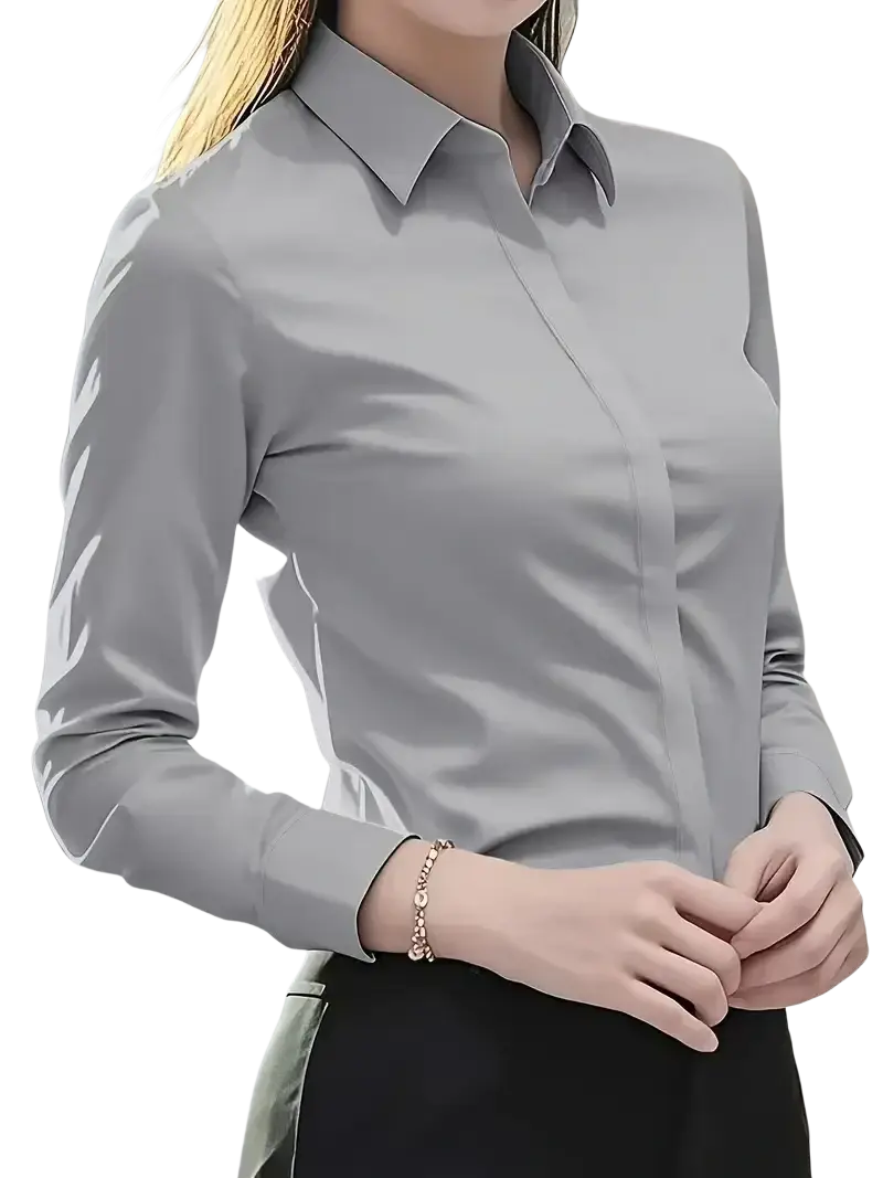 Women’s fitted long sleeve silk blouse dress shirt in light gray with a crisp collar and subtle sheen