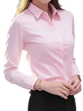 Women’s fitted long sleeve silk blouse dress shirt in sleek pink with a crisp collar and subtle sheen