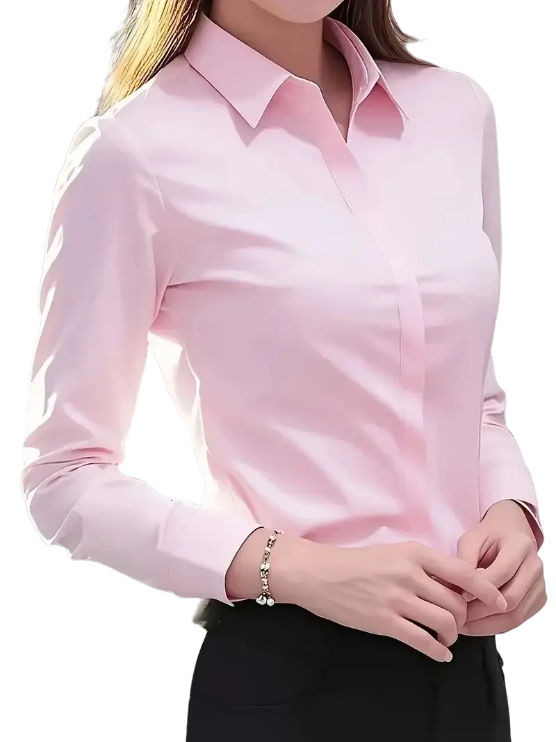 Women’s fitted long sleeve silk blouse dress shirt in sleek pink with a crisp collar and subtle sheen