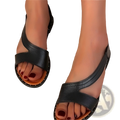Black leather women’s flat sandals with minimalist cross-strap design and studded edges