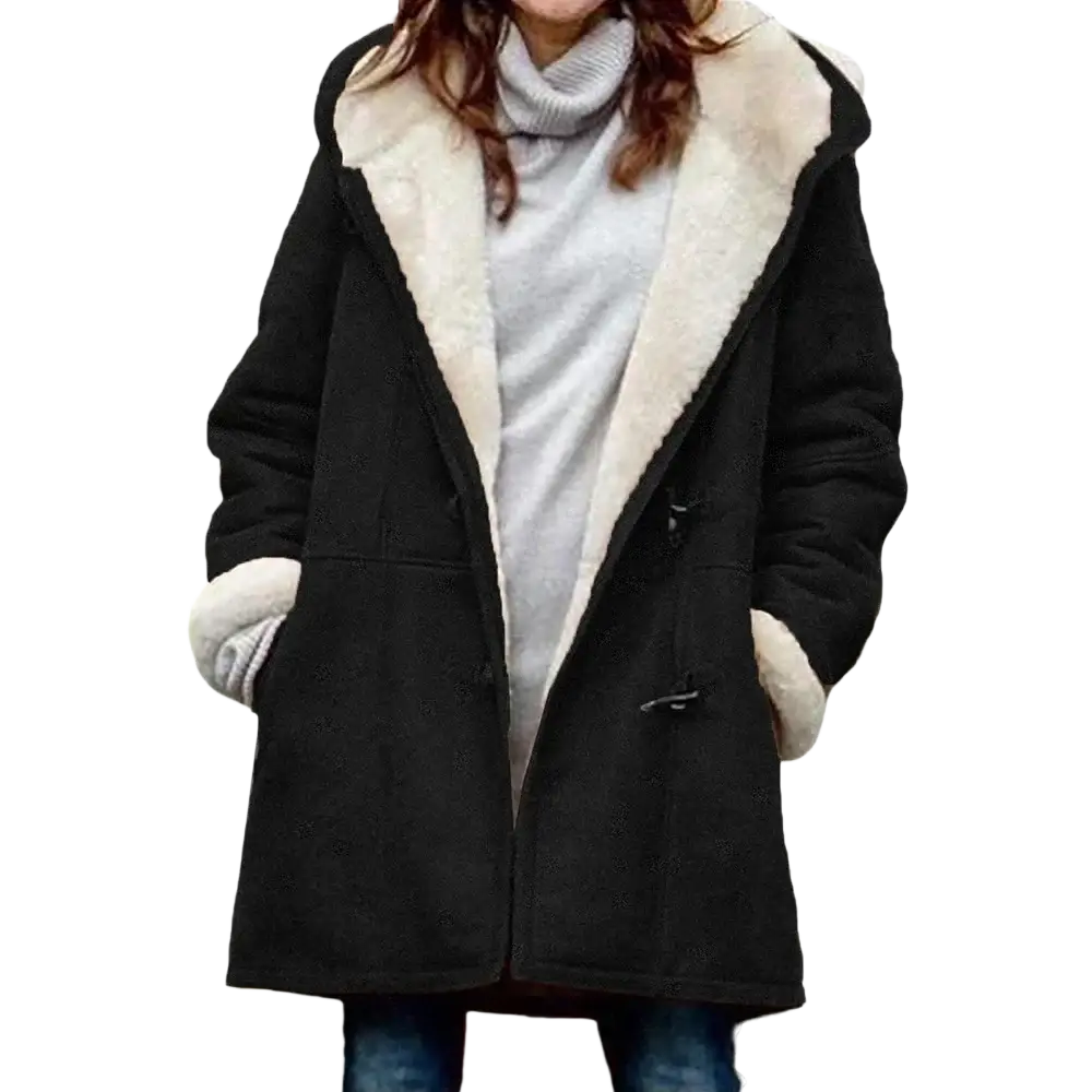 Women’s black fleece lined hooded toggle parka jacket with shearling lining and toggle closures for cold weather