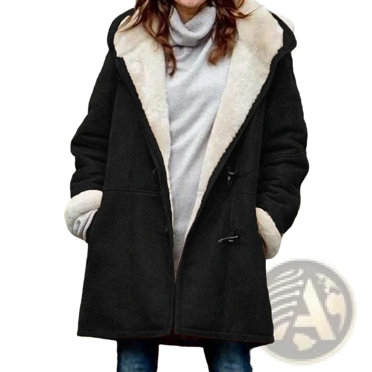 Women’s black fleece lined hooded toggle parka jacket with shearling lining and toggle closures for cold weather
