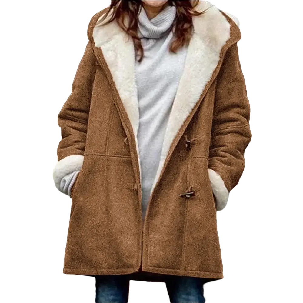 Women’s brown shearling fleece lined hooded toggle parka jacket with plush white fur lined hood and cuffs