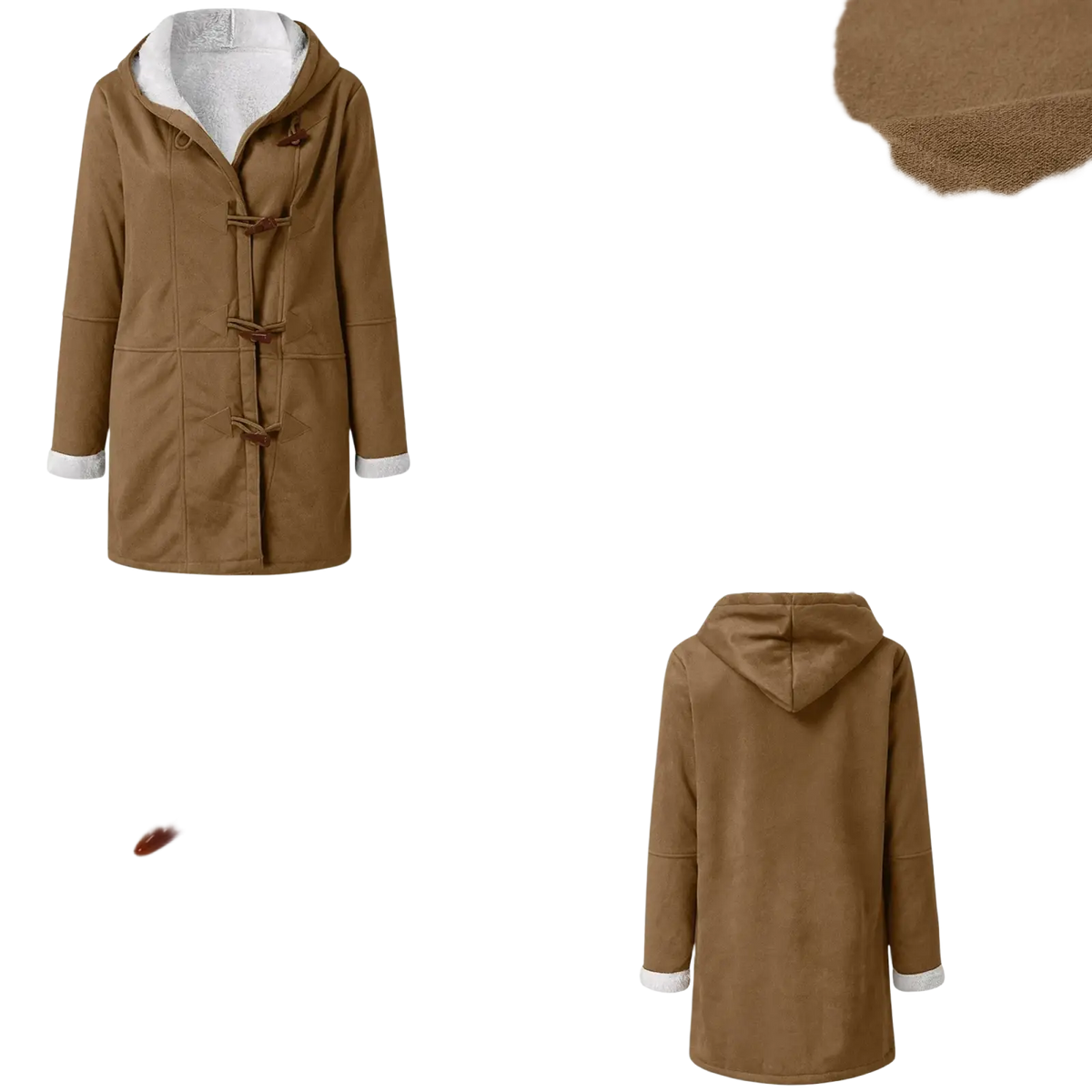 Women’s fleece lined hooded toggle parka jacket in brown suede with white plush fleece lining and dark brown toggles
