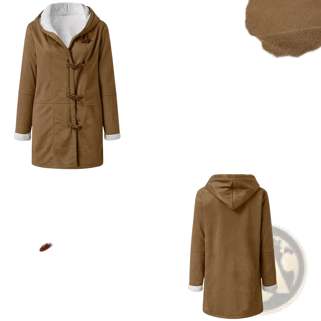 Women’s fleece lined hooded toggle parka jacket in brown suede with white plush fleece lining and dark brown toggles