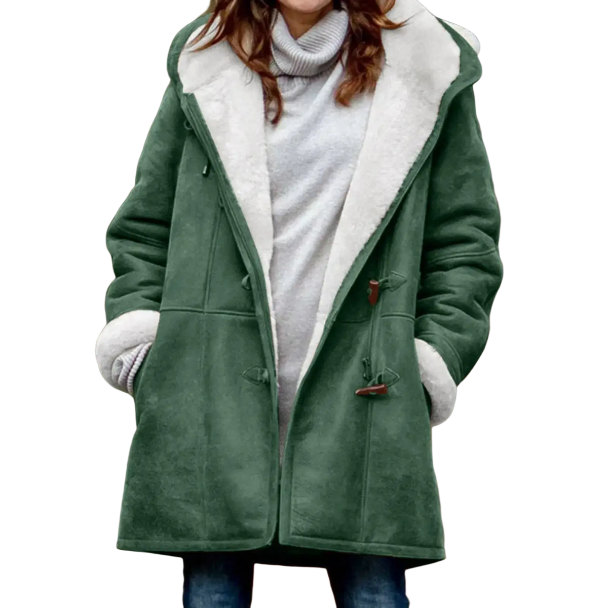 A cozy dark green women’s fleece lined hooded toggle parka jacket with plush white shearling lining and cuffs