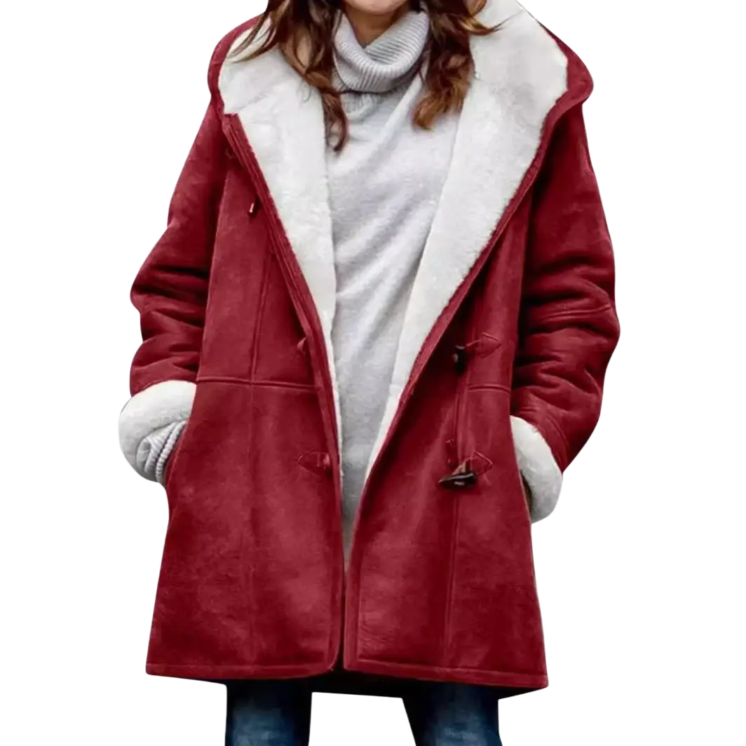 Women’s fleece lined hooded toggle parka jacket in cozy red shearling with plush white interior lining and toggle closures