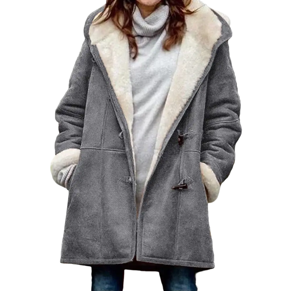 Women’s fleece lined hooded toggle parka jacket in gray shearling with plush white fur-lined hood and cuffs
