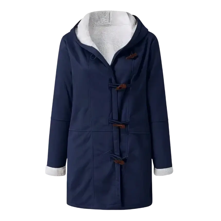 Women’s navy blue fleece lined hooded toggle parka jacket with plush white interior lining and wooden toggles