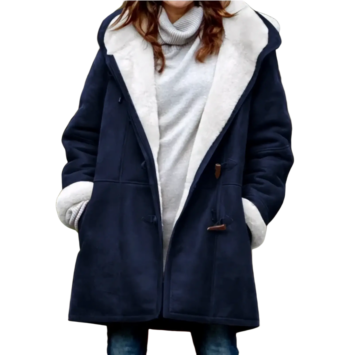 Women’s navy blue fleece lined hooded toggle parka jacket with white shearling trim and wooden closures