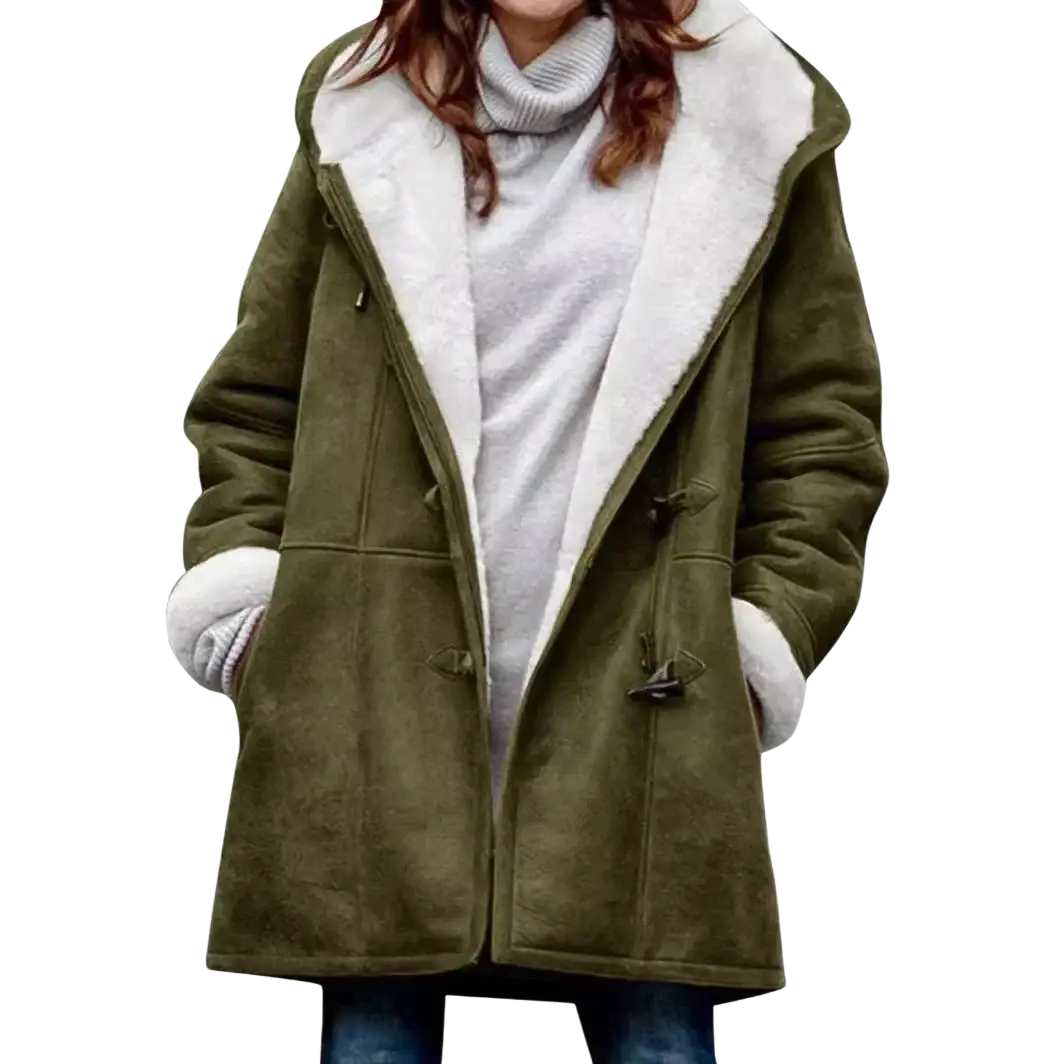 Women’s fleece lined hooded toggle parka jacket in olive green shearling with white fleece lining and toggle closures