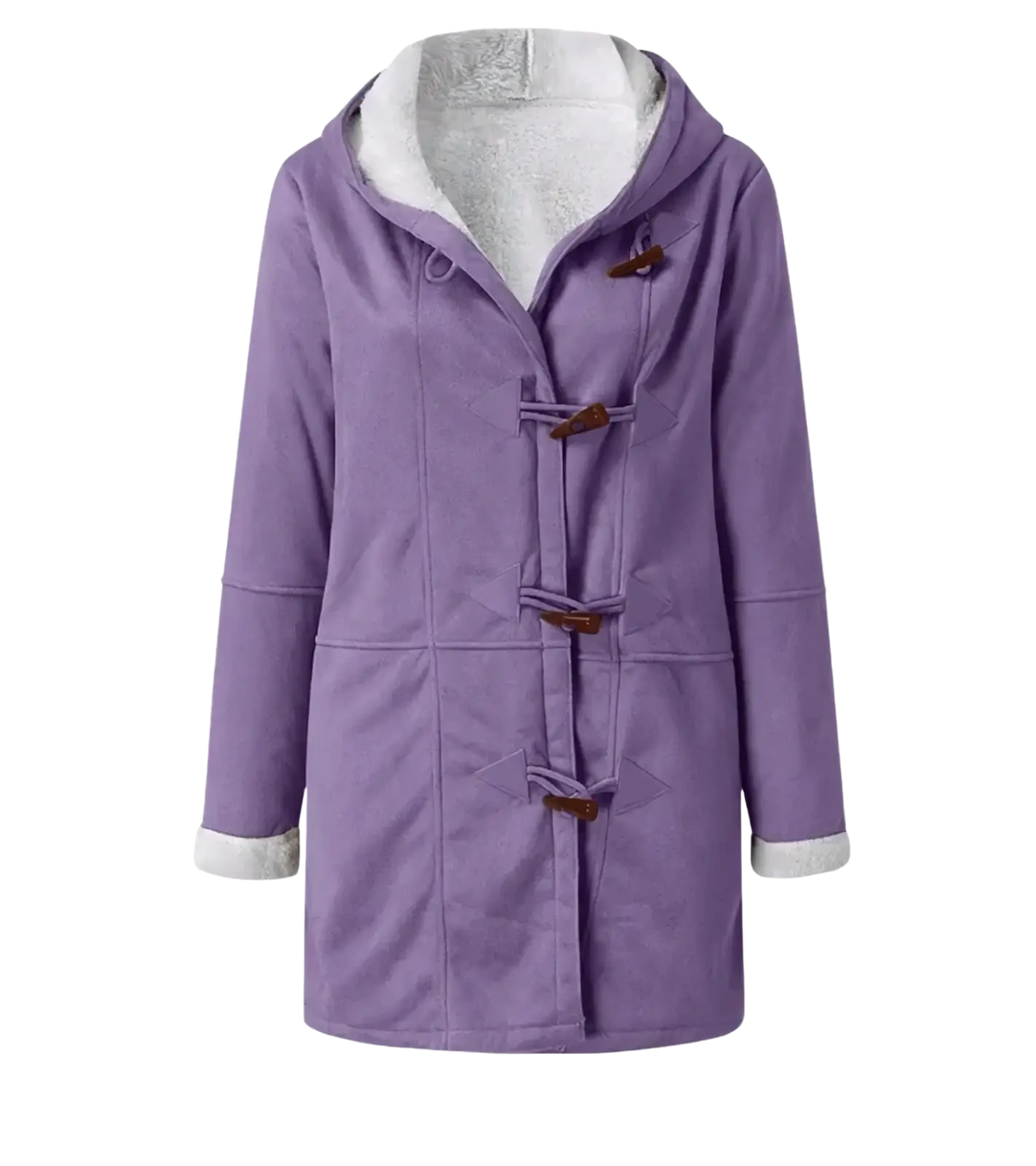 Women’s fleece lined hooded toggle parka jacket in purple with brown toggles and white fleece lining