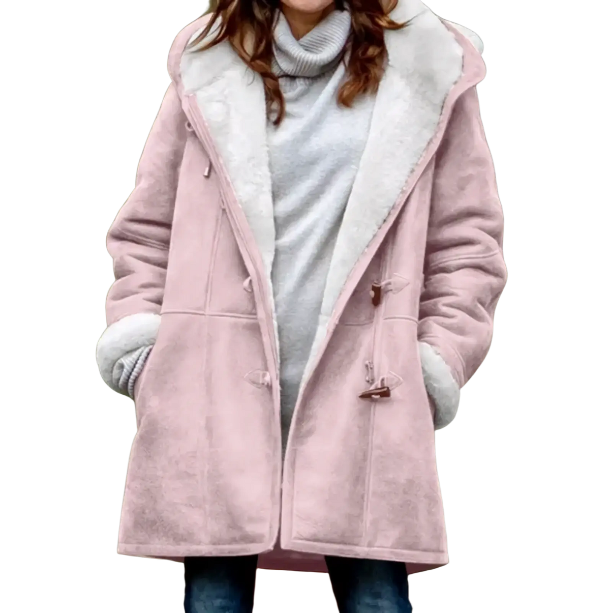 Women’s fleece lined hooded toggle parka jacket in soft pink shearling with plush white fur-lined hood and cuffs