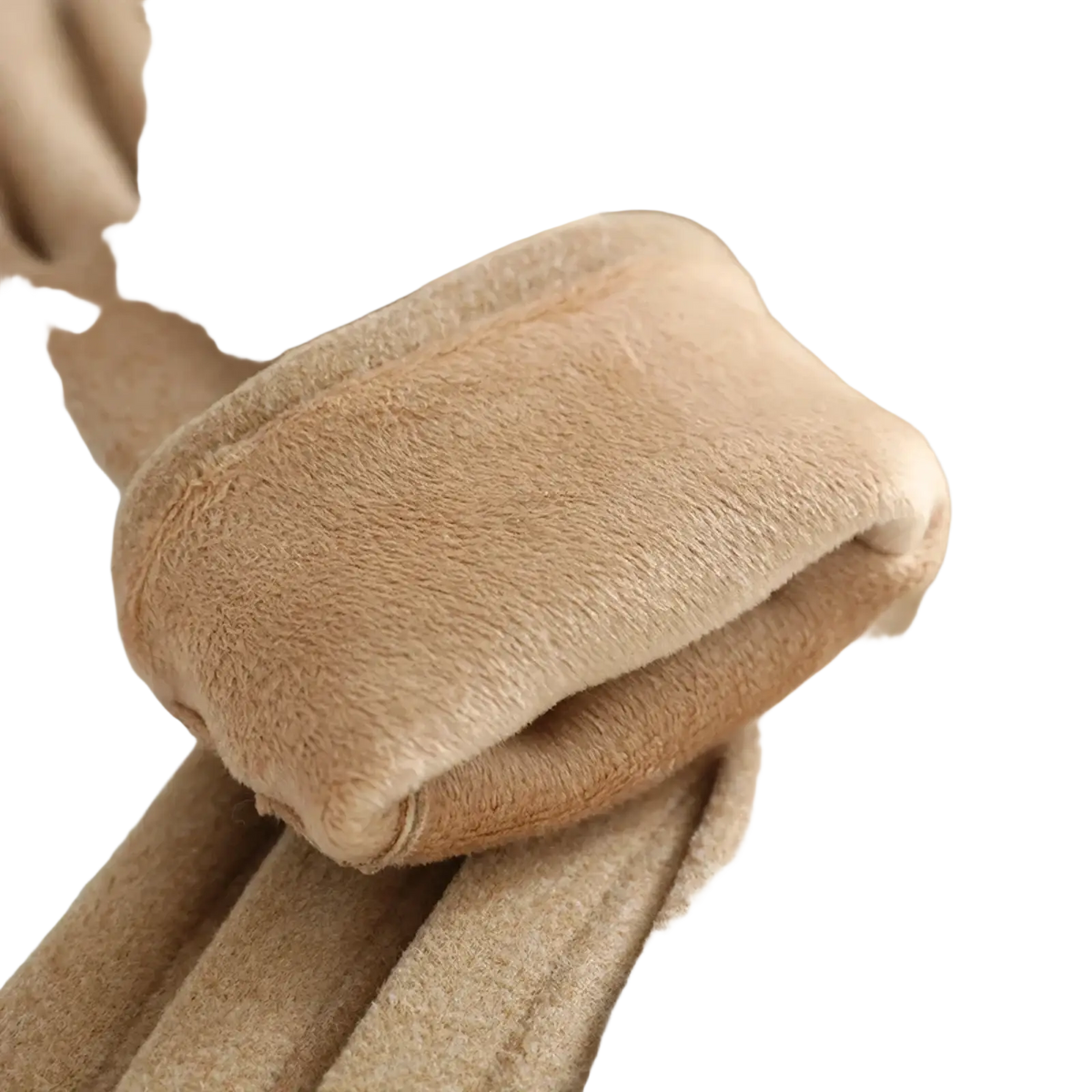 Beige fleece lined warm winter gloves with soft plush interior and smooth durable outer fabric for cold weather use