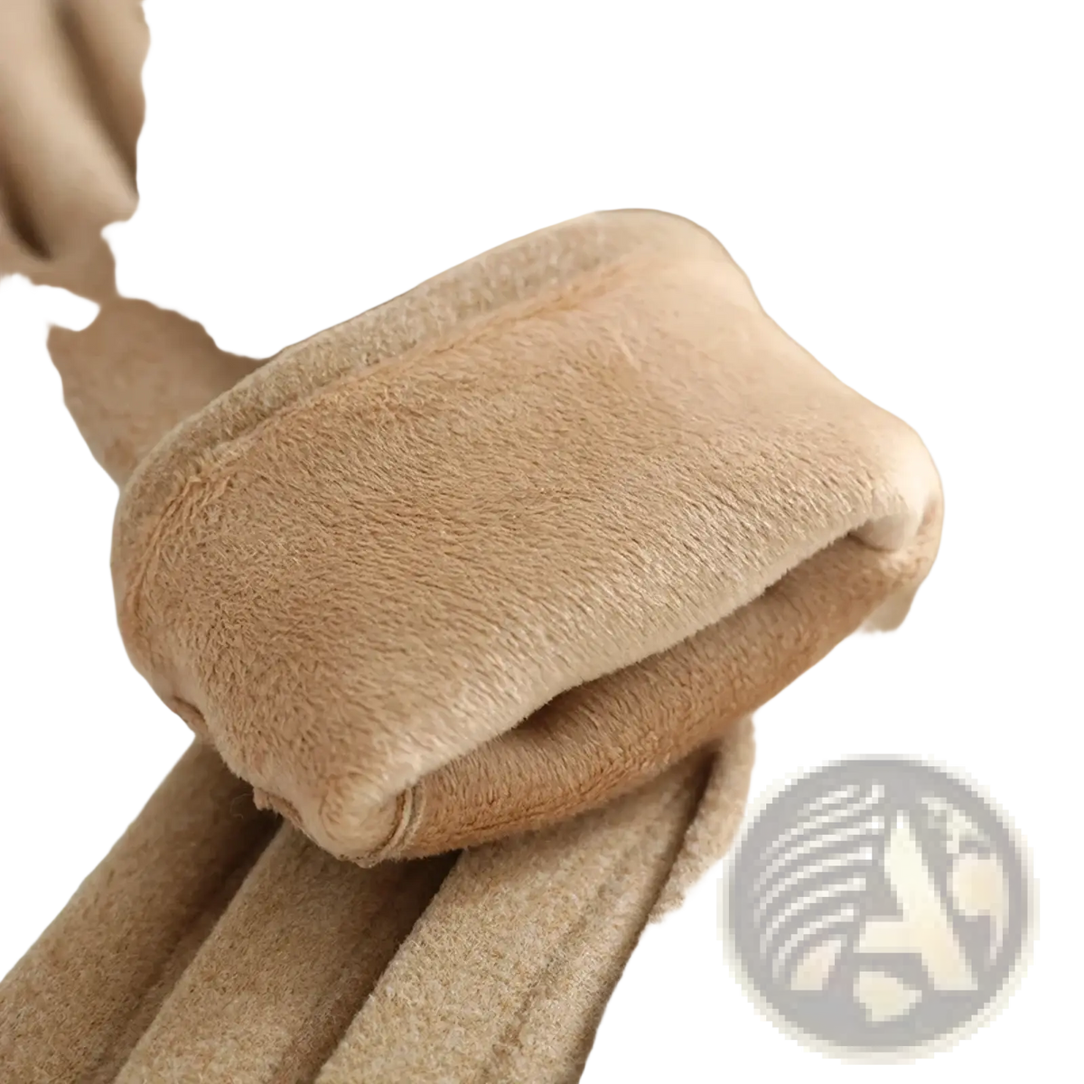 Beige fleece lined warm winter gloves with soft plush interior and smooth durable outer fabric for cold weather use