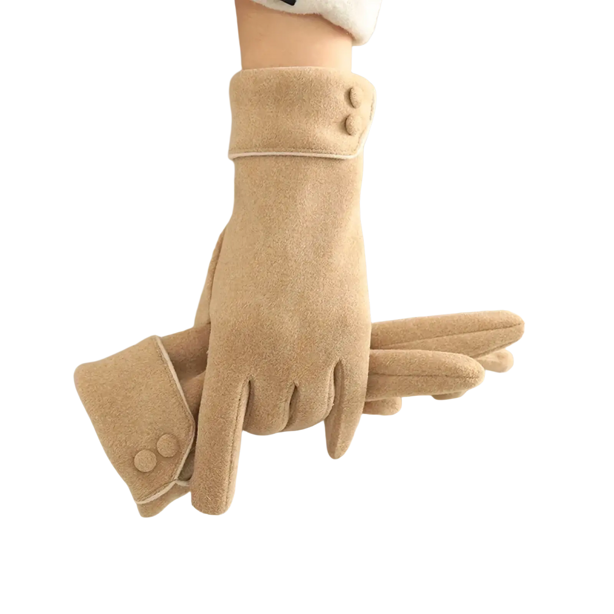 Beige suede women’s fleece lined warm winter gloves with buttoned cuffs shown from the back side