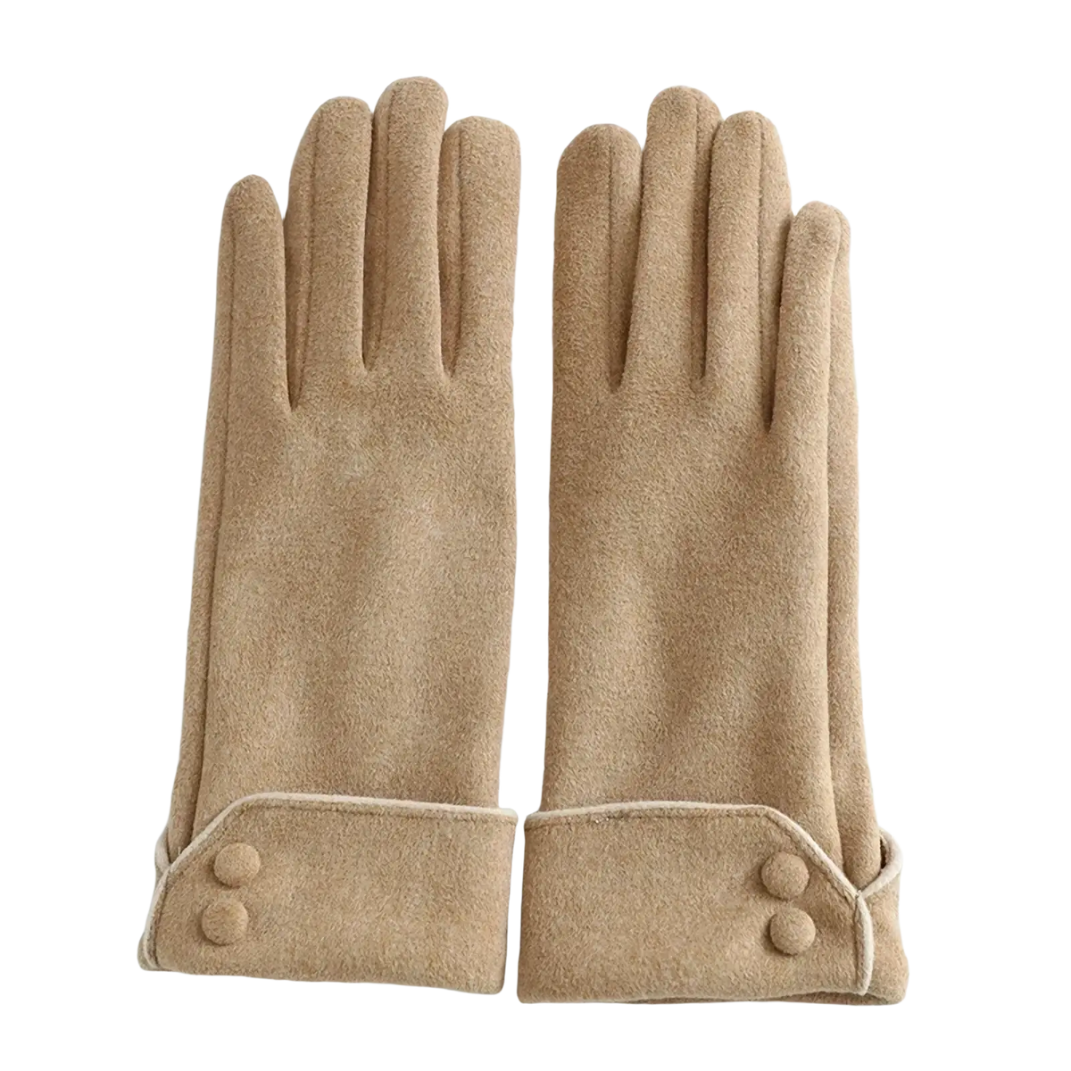 Beige woolen women’s fleece lined warm winter gloves with buttoned cuffs showing the back side of the product