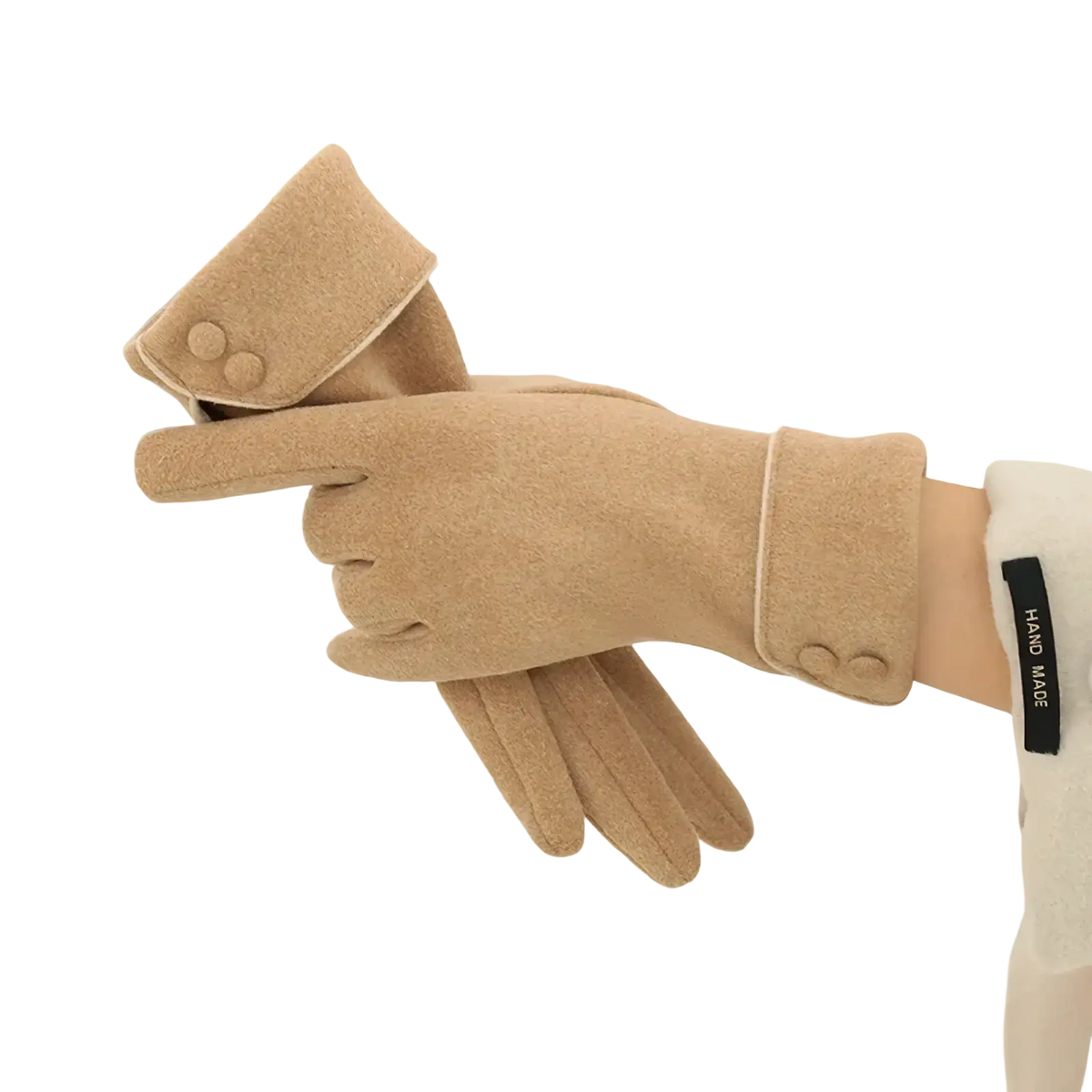 Beige woolen women’s fleece lined warm winter gloves with buttoned cuffs and a soft textured finish