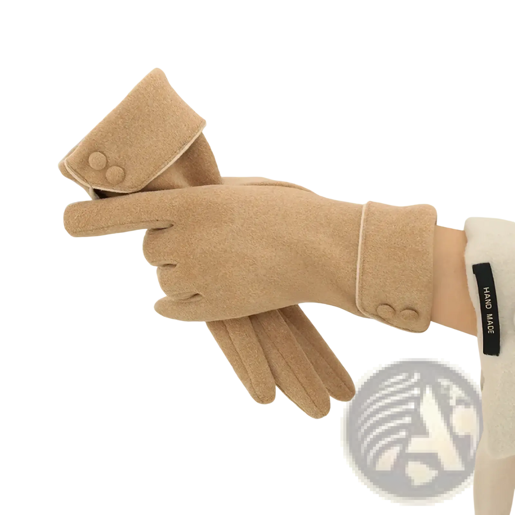 Beige woolen women’s fleece lined warm winter gloves with buttoned cuffs and a soft textured finish
