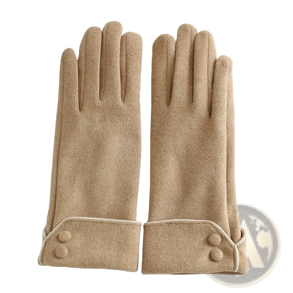 Beige woolen women’s fleece lined warm winter gloves with buttoned cuffs showing the back side of the product