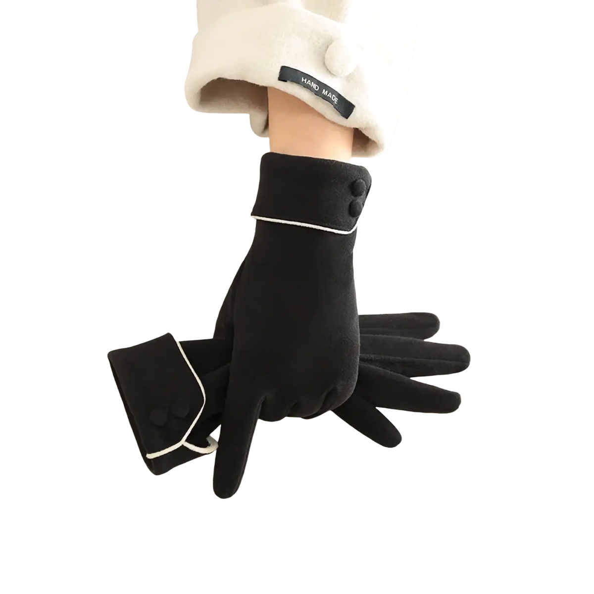 Black velvet women’s fleece lined warm winter gloves with white piping and three-button cuffs shown from the back side