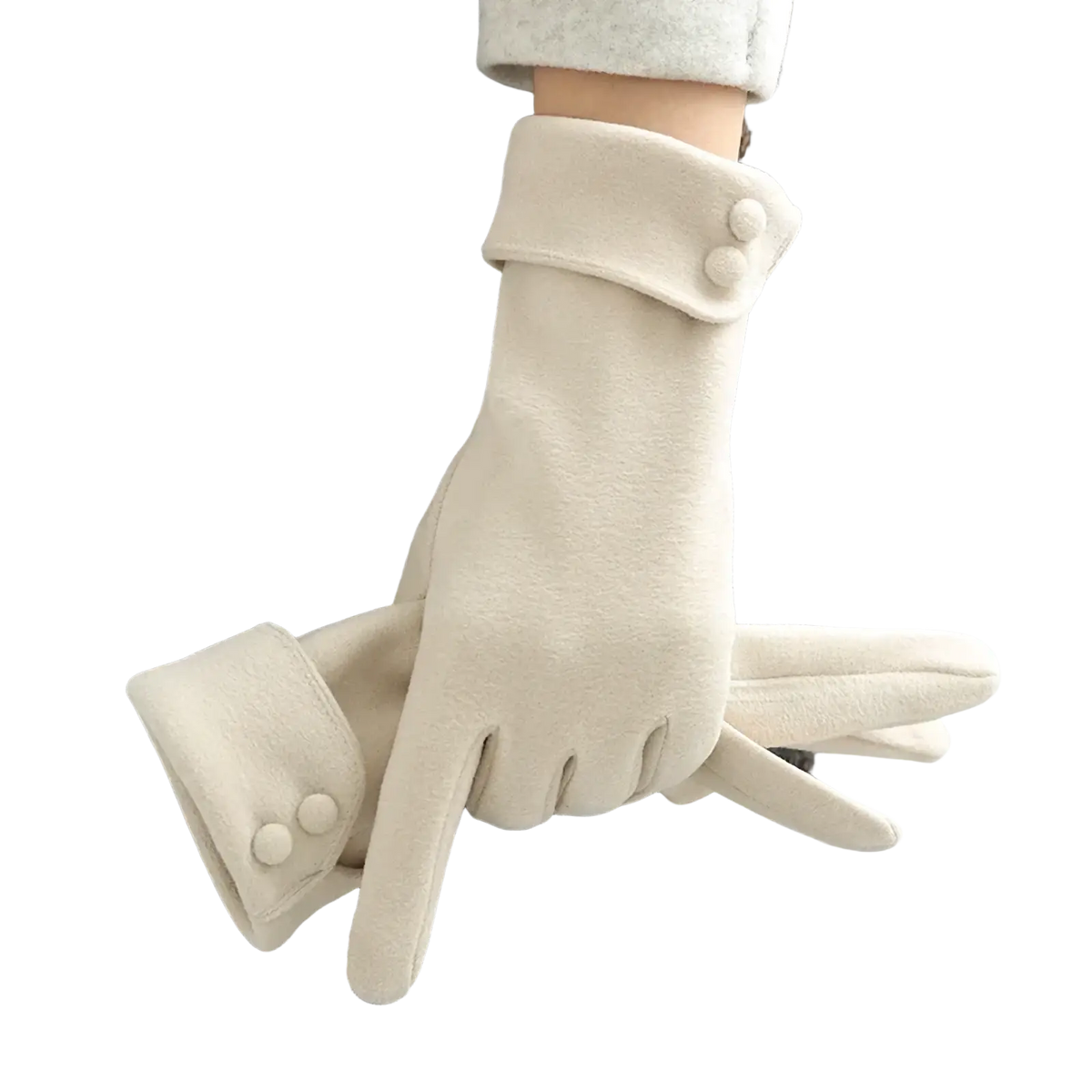 Cream-colored women’s fleece lined warm winter gloves in soft fabric with buttoned cuffs for added comfort