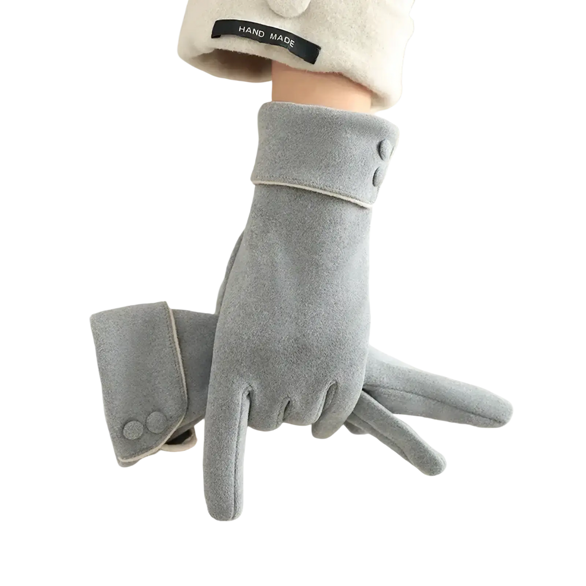 Gray suede women’s fleece lined warm winter gloves with plush cuff and decorative buttons on the wristband