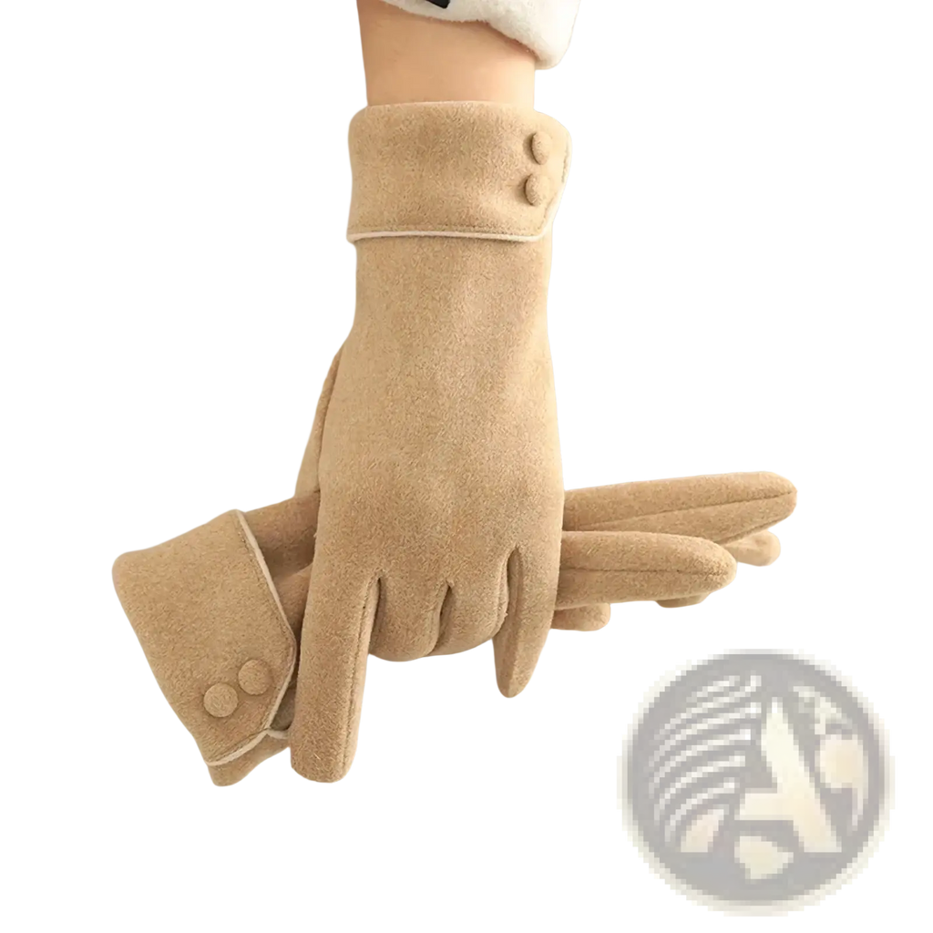 Beige suede women’s fleece lined warm winter gloves with buttoned cuffs shown from the back side