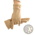 Beige suede women’s fleece lined warm winter gloves with buttoned cuffs shown from the back side