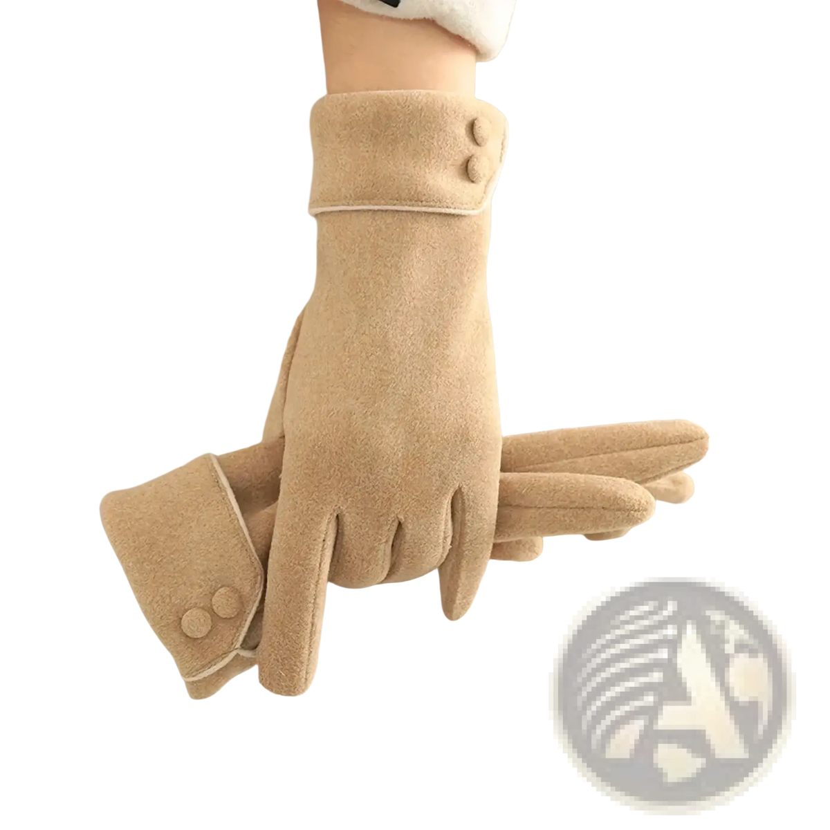 Beige suede women’s fleece lined warm winter gloves with buttoned cuffs shown from the back side