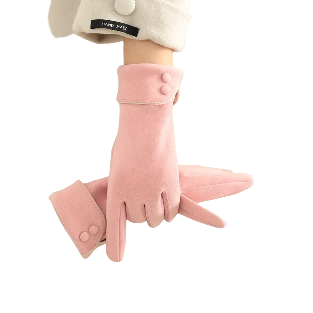Soft pink suede women’s fleece lined warm winter gloves with buttoned cuffs worn on a hand