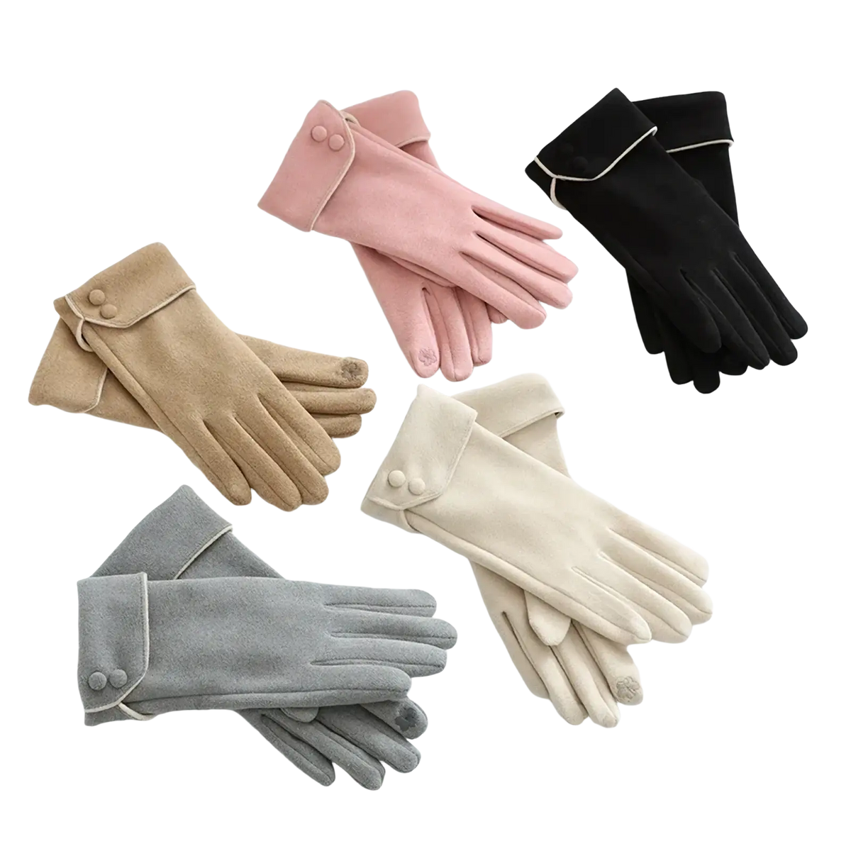 Women’s fleece lined warm winter gloves made of soft suede in pink beige black and gray with buttoned cuffs